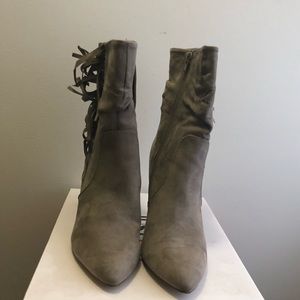 Taupe Just Fab fringe heeled booties